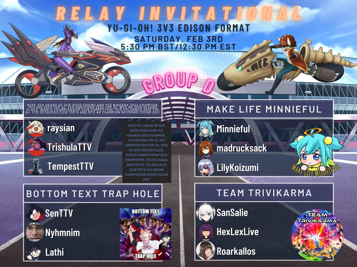 🏍️ TOMORROW!!! 🏍️
I'm hosting a MASSIVE Edison format relay duel tournament with <a href="/Maple_VTuber/">メープル🍁🍯フライデー･ナイト歌みた</a>!!
We have 48 awesome creators making up 16 teams all competing to go fast and feel alive!
The action starts at 5.30pm GMT / 12:30pm EST, but before that happens, here are the teams!! 🧵