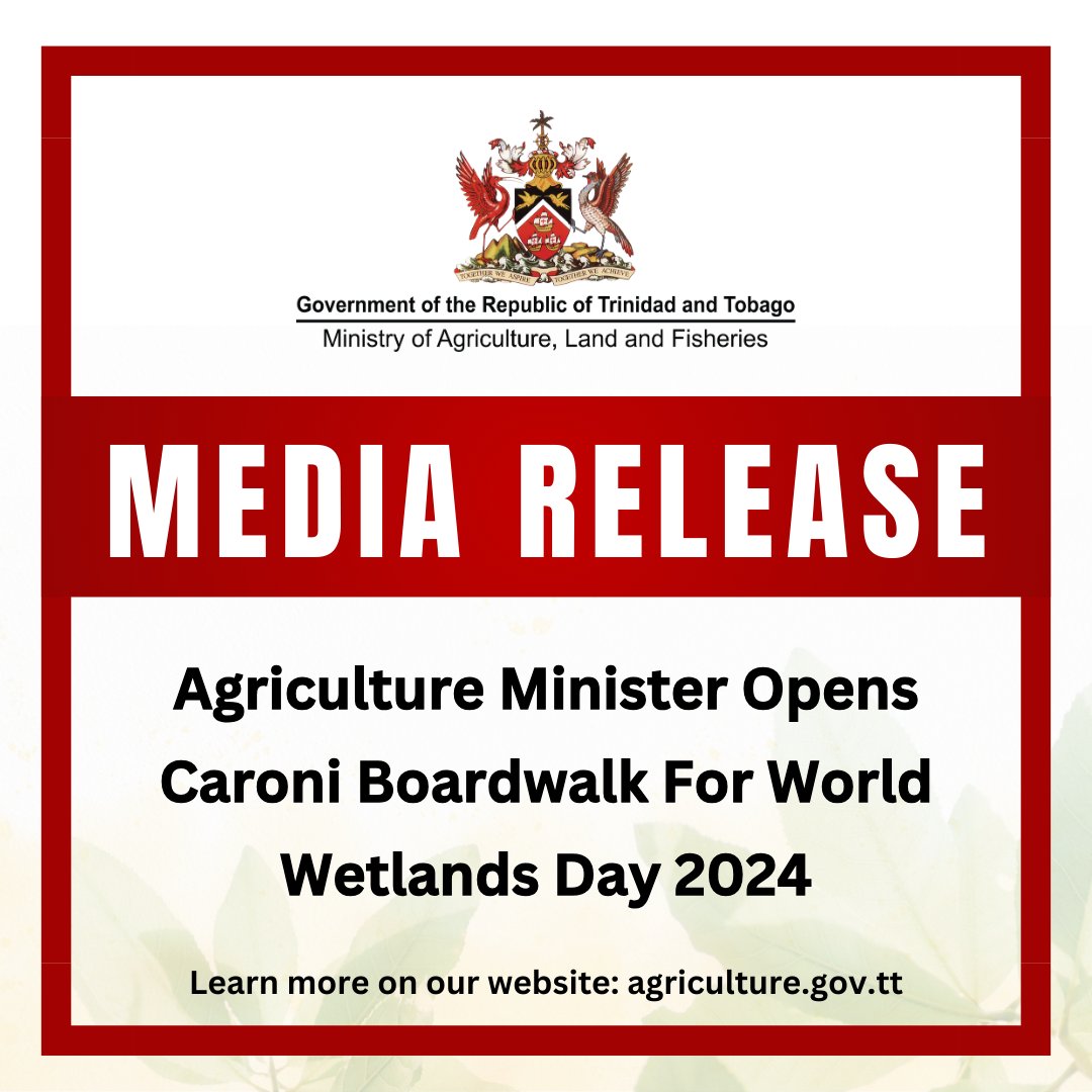 maftt_'s tweet image. MEDIA RELEASE: Agriculture Minister Opens Caroni Boardwalk For World Wetlands Day 2024

Read more on our website:
agriculture.gov.tt/media-releases…

#MALF #ForestryDivision #CaroniBoardwalk #CaroniSwamp #WorldWetlandsDay #WWD2024 #WorldWetlandsDay2024 #WetlandsAndHumanWellbeing