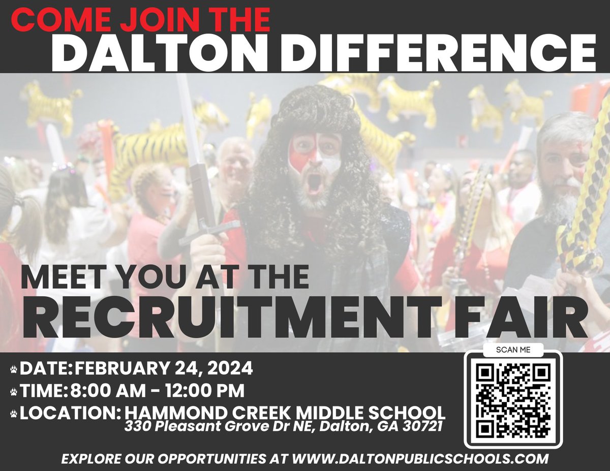 Ready for a career adventure? Mark your calendar for our Recruitment Fair on February 24, 8 AM - 12 PM at Hammond Creek Middle School.
Come see how you can make a difference.

Learn more about DPS by visiting daltonpublicschools.com

#DaltonDifference #DaltonReady