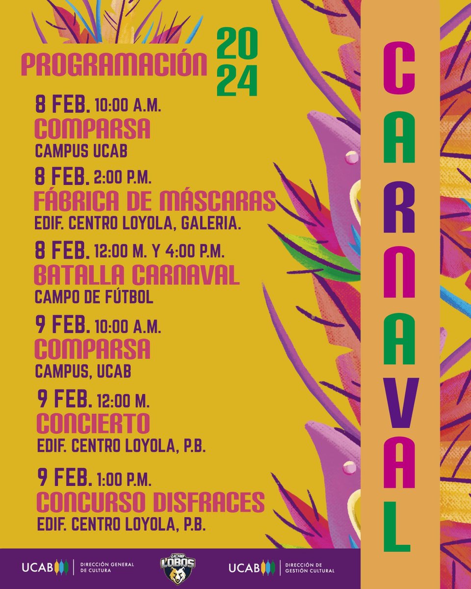 #Atentos con nuestra programación de #Carnaval2024 🎉 y ven a disfrutar de esta fiesta en la #UCAB.

👇