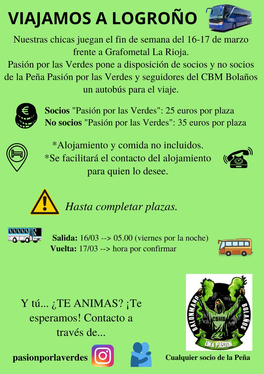 Si sííí. Dado el éxito de nuestros últimos viajes la mejor Peña de animación de DHOF y seguramente de toda la <a href="/IberdrolaDHF/">Liga Guerreras Iberdrola</a> 🤣🤣 pone otro bus para acompañar al equipo <a href="/CBMB_Official/">Club BM Bolaños</a> 💪🏽💚
Esta vez nos dirigimos a Logroño el fin de semana del 16 y 17 de marzo. 
¿A qué esperas? 💚