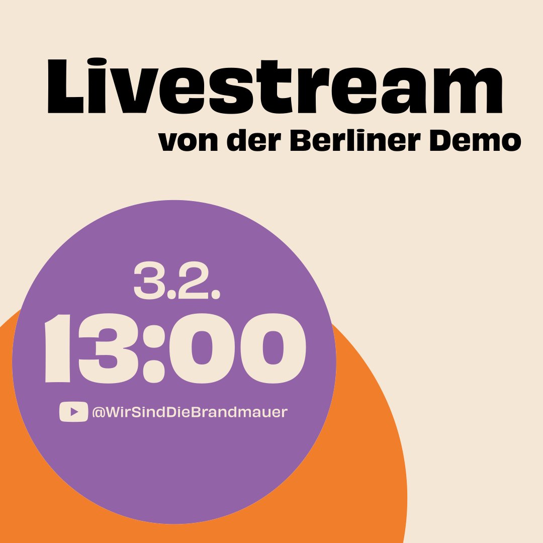 Für alle, die nicht persönlich in Berlin dabei sein können: Seid digital Teil von #WirSindDieBrandmauer! Gemeinsam - egal wie und wo - für eine offene, demokratische, plurale & solidarische Gesellschaft und gegen den Rechtsruck! 💻 Livestream ab 13 Uhr: gemeinsam-hand-in-hand.org/livestream