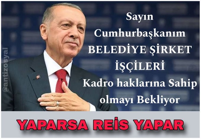 Kadrosuz belediye şirket işçisi oy vermez
İş güvencesi olmayan şirket işçisi oy vermez
İkramiye tediye almayan şirket işçisi oy vermez
Kadro almadan oy vermez
Kamu çerçeve protokolüne dahil olmadan oy vermez
Kadro kırmızı çizgimizdir
<a href="/RTErdogan/">Recep Tayyip Erdoğan</a> <a href="/hakiskonf/">HAKİŞ KONFEDERASYONU</a> 
#BldİşçisiMüjdeBekliyor