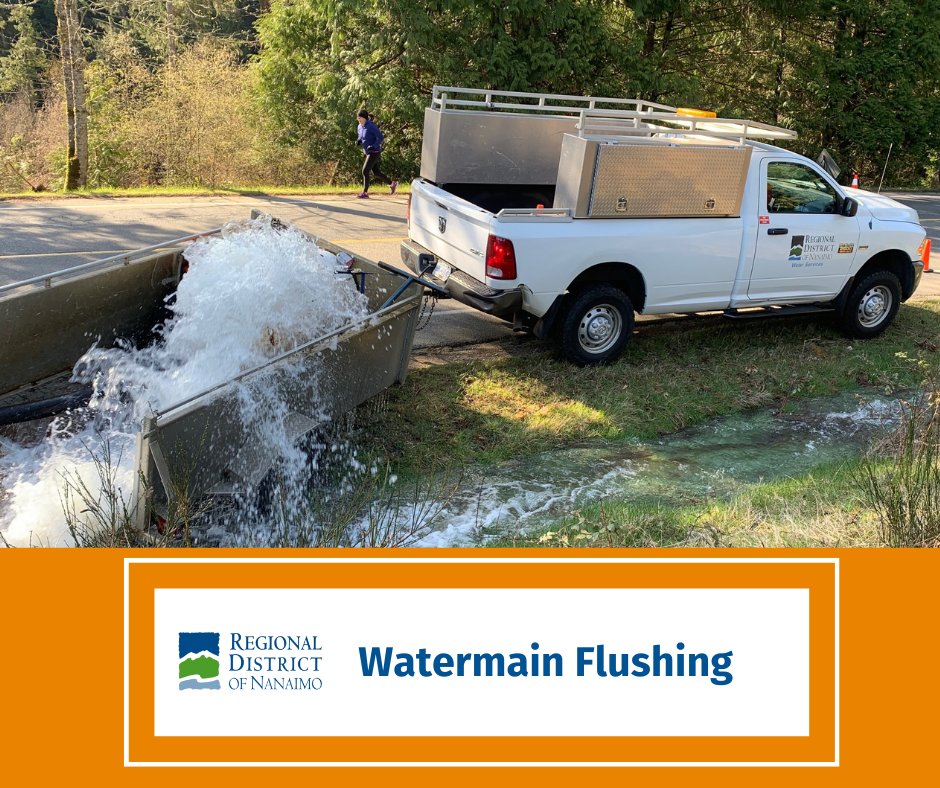 Our annual watermain flushing (cleaning) in the RDN Water Service Areas continues. Customers should expect temporary disruption of service, intermittent drops in pressure and water discolouration between 8 a.m. - 4:30 p.m. For more info visit: rdn.bc.ca/water-sewer-al… #RDNanaimo