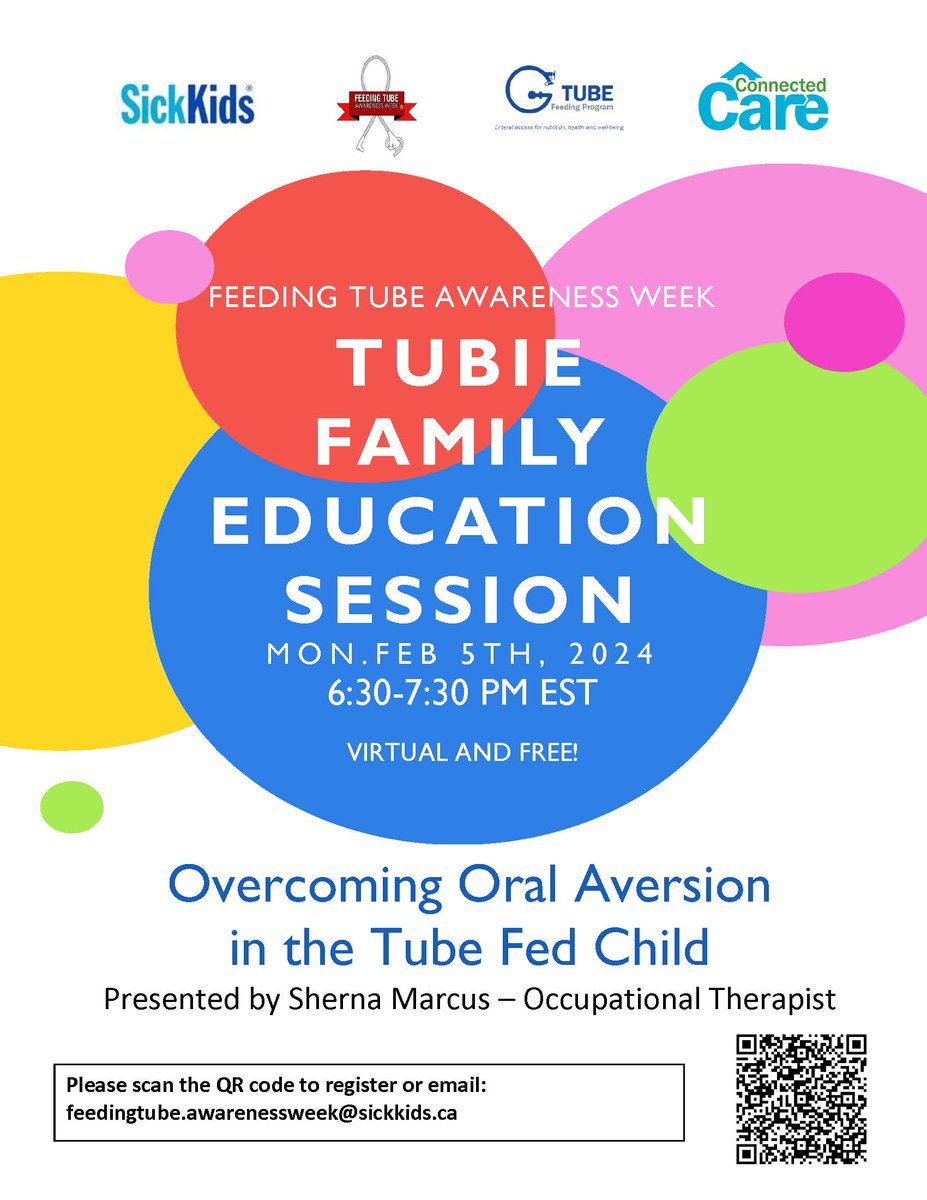 It's almost #FeedingTubeAwarenessWeek! Does your child have a #FeedingTube? Join SickKids for an education session on Feb. 5 at 6:30 - 7:30 p.m. to discuss oral aversions in #TubeFeeding. 

To learn more &amp; to register, email feedingtube.awarenessweek@sickkids.ca. #SKTubeFeeding