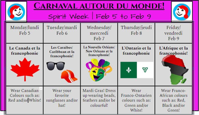Holy Family Stars, c’est notre Carnaval Autour du Monde! On Monday, let’s represent Le Canada et la francophonie by wearing White and/or Red. It’s also our Carnaval Activity Day! Dress for the weather for indoor/outdoor activities. Vive le Carnaval! #carnaval2024 <a href="/HOFAM_DPCDSB/">Holy Family DPCDSB</a>
