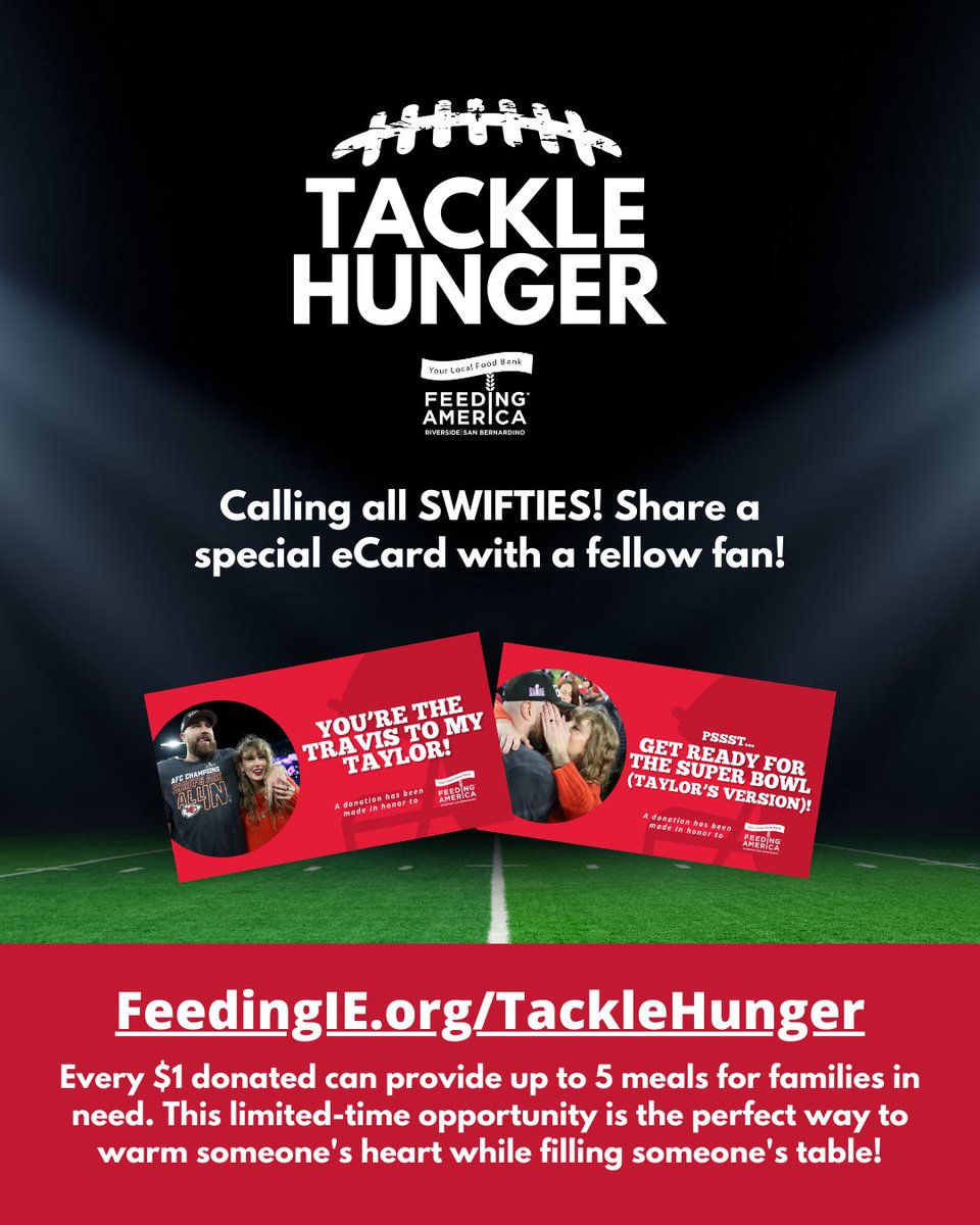 feedingie's tweet photo. Let's use the spirit of the #SuperBowl to make a positive impact on the lives of those facing hunger. Join us in tackling hunger, where every contribution scores a win against hunger! Send an eCard to a fellow fan https://t.co/mJw4rWEUKv
#TaylorSwift #Chiefs #Niners #FARSB #Kelce https://t.co/uC2em4uG35