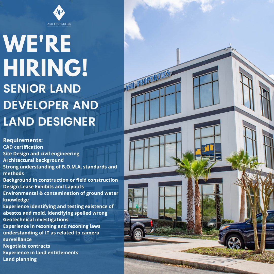 AshProperties's tweet image. We're hiring a Senior Land Developer and Project Designer! Click here for more information zurl.co/kFpS  

#AshProperties #Hiring #Careers #Jacksonville
