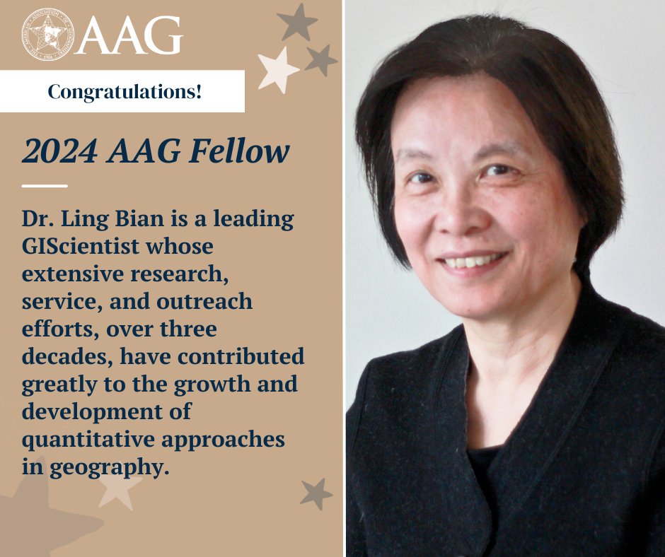 theAAG's tweet photo. Congratulations to 2024 #AAGFellow, GIScientist Ling Bian for her work on disease spread modeling, crucial for understanding pandemics like COVID-19. Dr. Bianโs dedication to GIS and education is inspiring the next generation of diverse students. https://t.co/1GKBvutItb @UBuffalo https://t.co/U69wk5I6yu