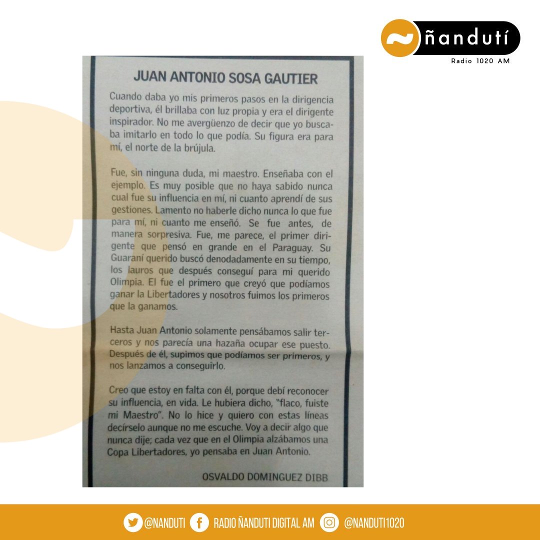 La inspiración del gran "ODD"✨

Las palabras que había dejado Osvaldo Domínguez Dibb a Juan Antonio Sosa Gautier, tras el fallecimiento del exdirigente de <a href="/ClubGuarani/">Club Guarani</a> 

✍️"Hasta Juan Antonio, pensábamos que salir terceros era una verdadera hazaña, después de él, supimos que