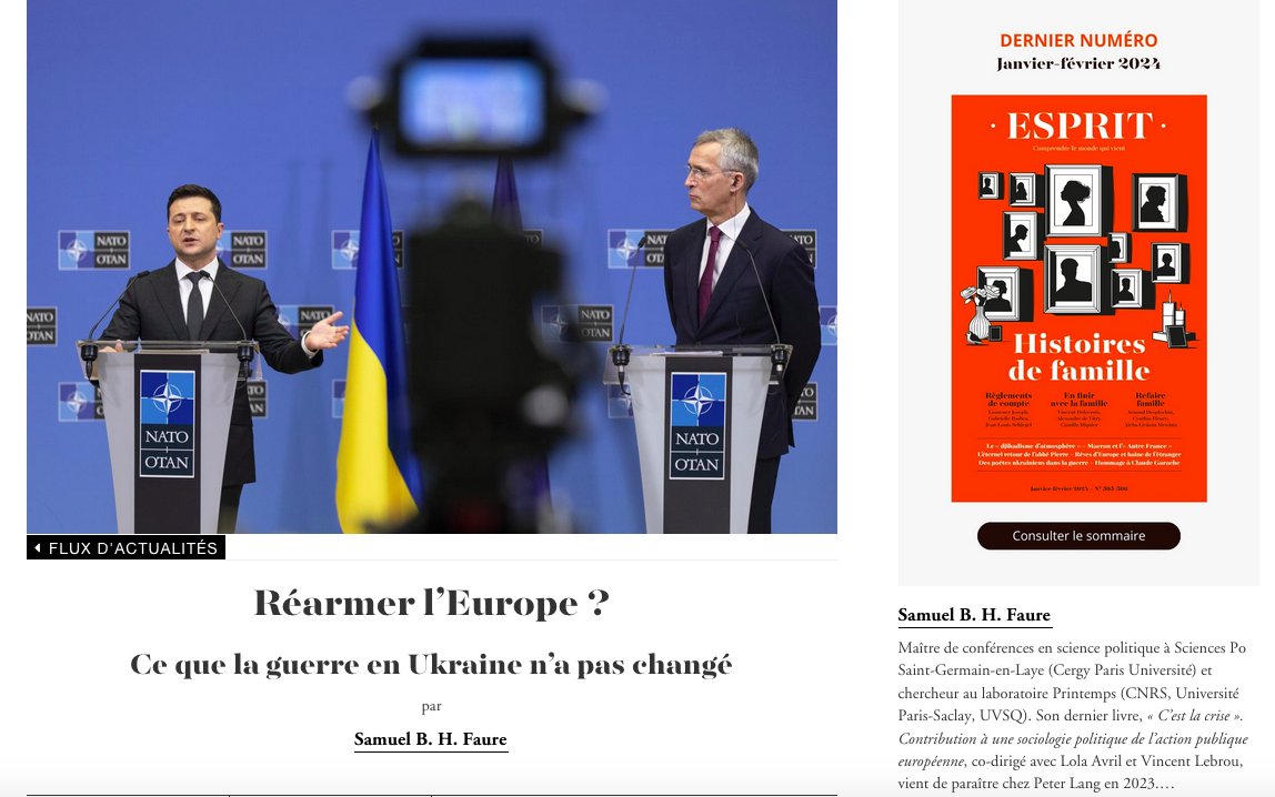 - 🇪🇺🇺🇦'Réarmer l’#Europe ? Ce que la guerre en #Ukraine n’a pas changé' > Mon article est en ligne sur @RevueEsprit et bientôt disponible sur @Cairninfo > esprit.presse.fr/actualites/sam…