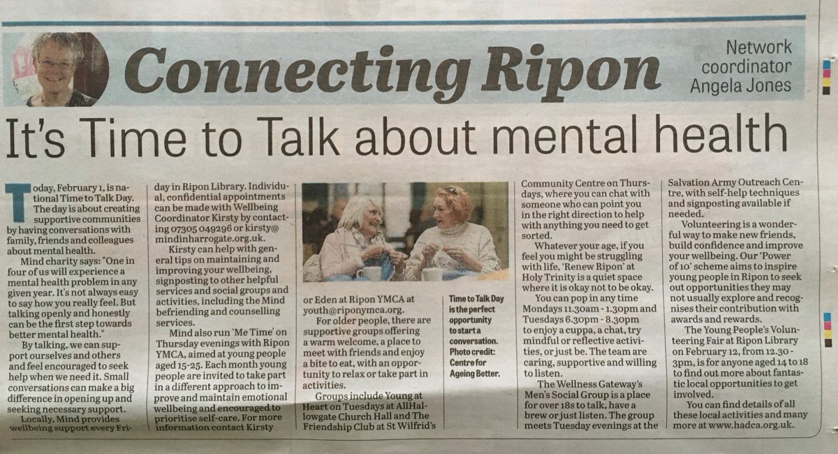 Yesterday was #TimeToTalkDay but every day small conversations can make a big difference in opening up & seeking necessary support. Thank you @RiponRover for sharing & @MindinHarrogate @YMCARipon @HELP_Harrogate's Friendship Club & many more who bring people together to talk👥