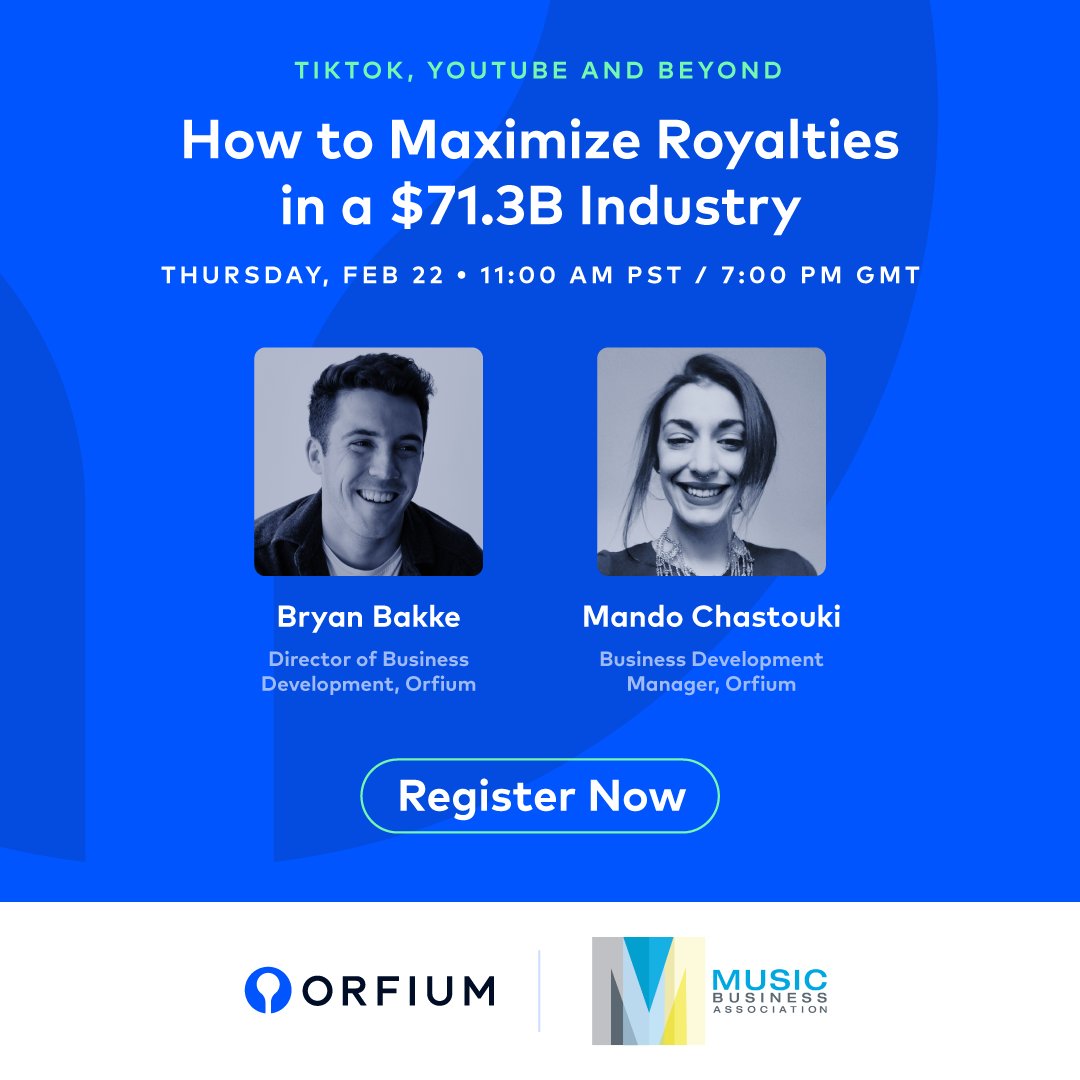 🎶 Save the Date: Orfium x @MusicBizAssoc Webinar! 🗓️ Wondering how to maximize music royalties? 🤔 Sign up 👉 bit.ly/3I3SQXb for insights from our experts Bryan Bakke & Mando Chastouki! 🚀 Discover actionable steps for managing and monetizing your music catalog! 💰