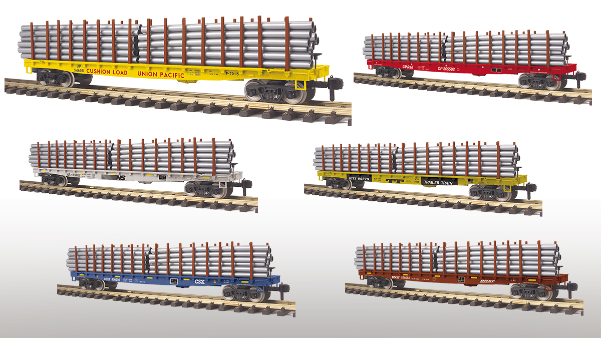 M.T.H. Electric Trains has announced the 2024 G Gauge Flat Car with Pipe Loads in six different liveries.  Each of these offerings are offered in limited production quantities and begin shipping to M.T.H. Authorized Retailers in July 2024.  Learn more: mthtrains.com/news/837