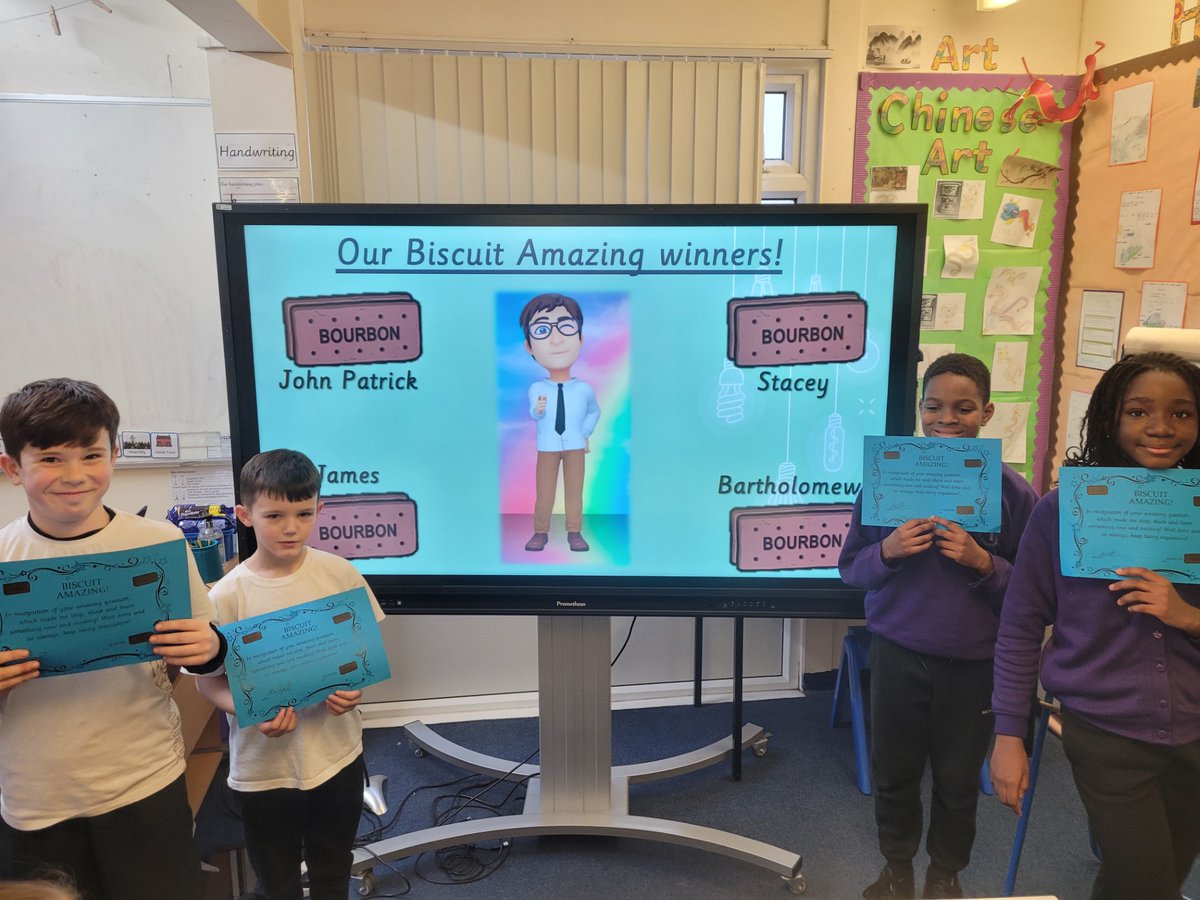StYear33189's tweet photo. Friday feeling over in year 5! :D 

These rockets have taken off this week during our topic lessons! John Patrick, Stacey, James (again!!) and Bartholemew have all won the biscuit amazing award through higher level questioning in RE, Geography and Numeracy! 
#AliCouncil https://t.co/EEg9B4s9wU