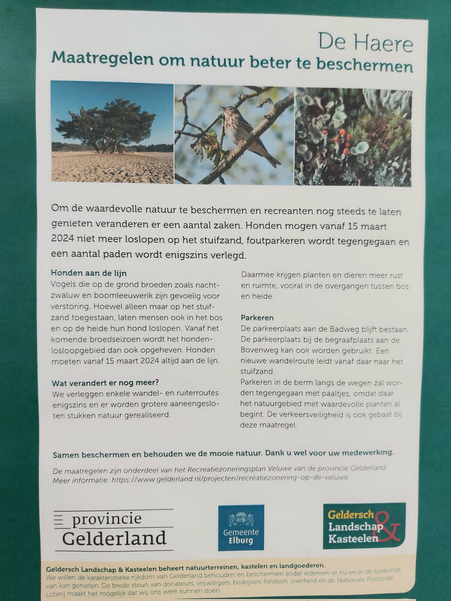 Mocht je binnenkort een bezoek brengen aan #Natura 2000-gebied De Haere, dan bestaat er een grote kans dat je deze poster tegenkomt, met daarop aangekondigd de #recreatiezoneringsmaatregelen die genomen worden om het gebied voor mens en dier beleefbaar te houden 🦎🚴‍♀️🐣🐕‍🦺🌿🏇🌳🚶