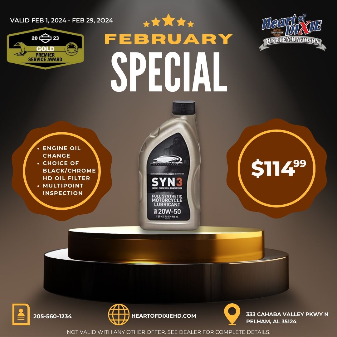 heartofdixiehd's tweet photo. NOW through Feb 29, we're offering a service special! 🥵 For just $114.99, you can get an engine oil change, your choice of black or chrome oil filter, and a multipoint inspection! 💨

Schedule service here > https://t.co/VVaZQSiboi
#servicespecial #hdservice #heartofdixieservice https://t.co/LJMAvql2p8