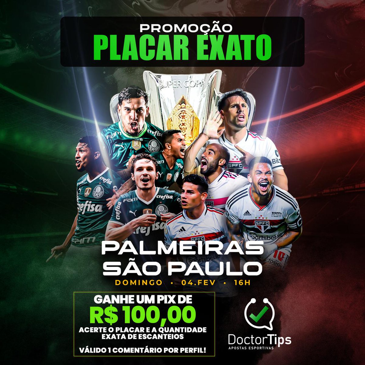 🤑 PROMOÇÃO VALENDO PIX DE 100 REAIS!

Sua missão é acertar o PLACAR e o nº EXATO de ESCANTEIOS de Palmeiras x São Paulo!

⚠️ Pra concorrer, tem que RETWEETAR esse post!