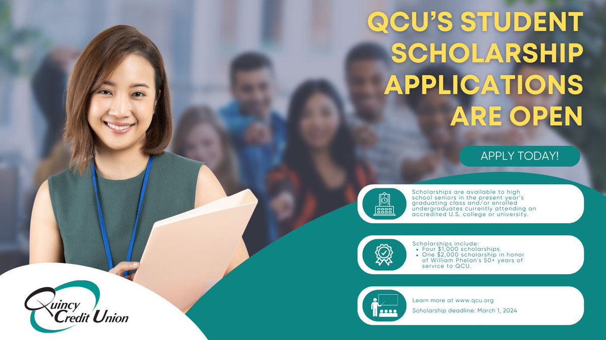 Quincy_CU's tweet photo. Attention 2023 High School Seniors ❗❗ Quincy Credit Union's Annual Student Scholarship Lottery Program application is now available. 

Deadline is March 1st  ✅

For more details and application form visit: https://t.co/kiQwCMaib0 https://t.co/7D6DBGBgQQ