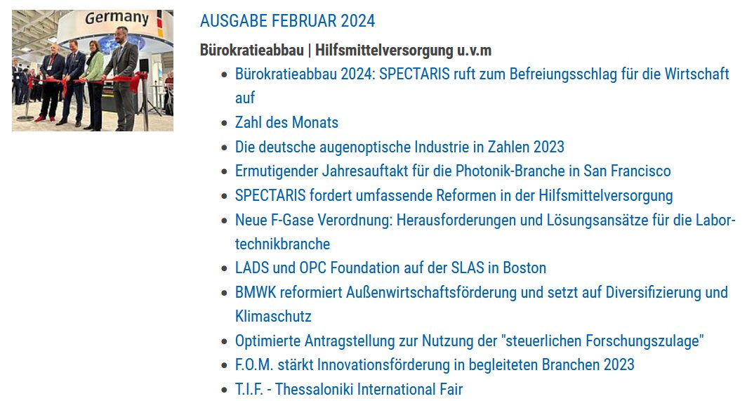 Die Februar-Ausgabe des SPECTARIS-Newsletters ist da! Themen in diesem Monat sind u. a.
 
➡ SPECTARIS mit einem dringenden Appell für sofortigen Bürokratieabbau im Jahr 2024
➡ Forderungen zu umfassenden Reformen in der Hilfsmittelversorgung

Mehr 👉 t.ly/aCnn3