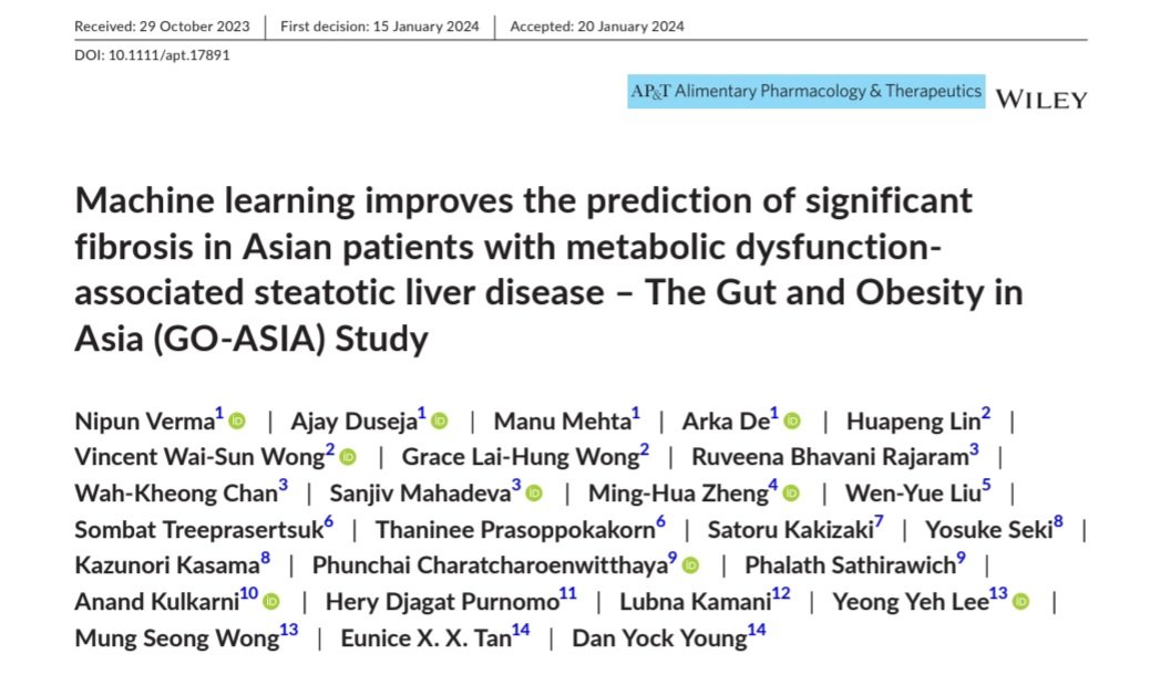 Largest data on the utility of Machine Learning in MASLD #MASLD from Asia. 8 countries 14 centres 1656 biopsy proven patients. Thanks GO-ASIA Working Group. Special thanks to Nipun @drnipunverma for taking it to logical end. @doc_arka @Manumehta90 @AnandVKulkarni2 @HepatologyPGI