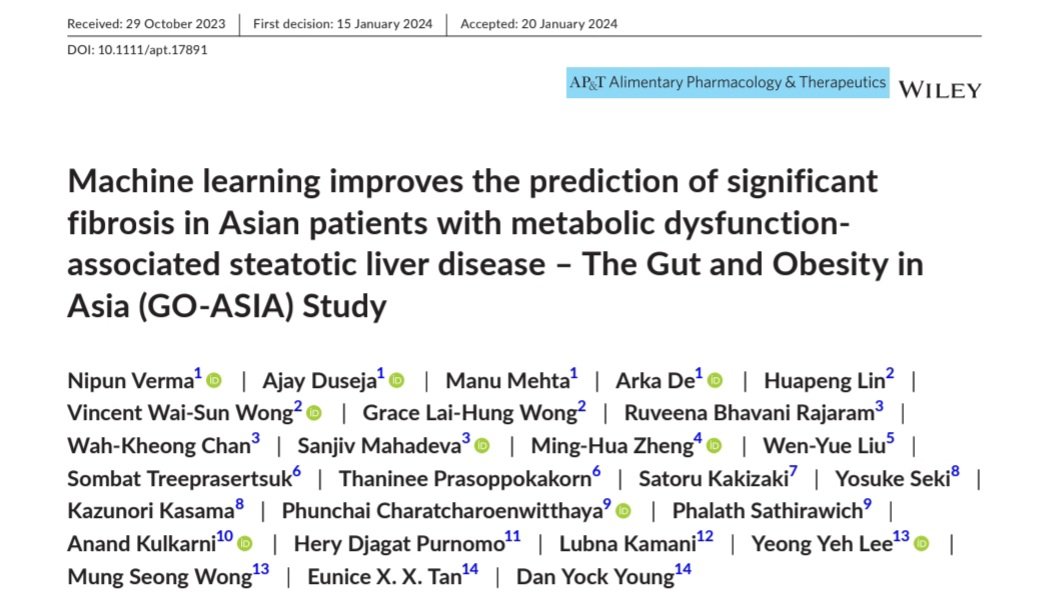 Ajay Duseja (@ajay_duseja) on Twitter photo Largest data on the utility of Machine Learning in MASLD #MASLD from Asia.
8 countries
14 centres
1656 biopsy proven patients.
Thanks GO-ASIA Working Group.
Special thanks to Nipun <a href="/drnipunverma/">Dr Nipun Verma</a> for taking it to logical end.
<a href="/doc_arka/">Arka De</a> <a href="/Manumehta90/">Manu Mehta</a> <a href="/AnandVKulkarni2/">Anand V Kulkarni</a> <a href="/HepatologyPGI/">Hepatology PGI</a> Largest data on the utility of Machine Learning in MASLD #MASLD from Asia.
8 countries
14 centres
1656 biopsy proven patients.
Thanks GO-ASIA Working Group.
Special thanks to Nipun <a href="/drnipunverma/">Dr Nipun Verma</a> for taking it to logical end.
<a href="/doc_arka/">Arka De</a> <a href="/Manumehta90/">Manu Mehta</a> <a href="/AnandVKulkarni2/">Anand V Kulkarni</a> <a href="/HepatologyPGI/">Hepatology PGI</a>
