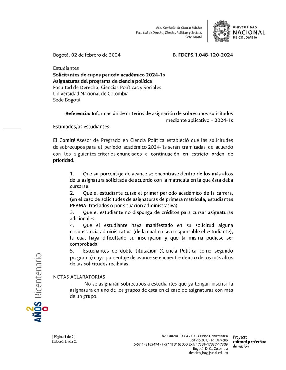 CienpolUNAL's tweet photo. 02/02/2024 f                            B. 
Estudiantes

Solicitantes de cupos periodo académico 2024-1s
Asignaturas del programa de ciencia política

Información de criterios de asignación de sobrecupos solicitados mediante aplicativo – 2024-1s

https://t.co/Zi4sr4ZJne https://t.co/plmZv67AfD