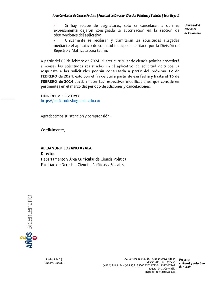 CienpolUNAL's tweet photo. 02/02/2024 f                            B. 
Estudiantes

Solicitantes de cupos periodo académico 2024-1s
Asignaturas del programa de ciencia política

Información de criterios de asignación de sobrecupos solicitados mediante aplicativo – 2024-1s

https://t.co/Zi4sr4ZJne https://t.co/plmZv67AfD