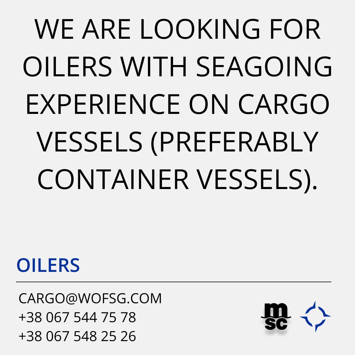 wofsg's tweet photo. We are looking for Oilers with seagoing experience on cargo vessels (preferably container vessels).  

Details https://t.co/VIayzkiv5P 

Apply now to be considered

cargo@wofsg.com 
+380675447578 
+380675482526 https://t.co/7r5UZIuc6o