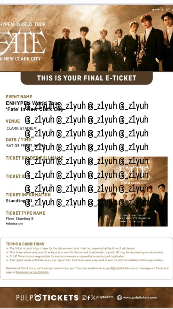 _z1yuh's tweet photo. wts lfb enhypen fate tour standing b1 tix 

— 7.6k (same price) 
— can do installment but must pay at least 3,500 before con
— can provide authorization letter &amp; id
rfs: biglaang di pinayagan 🥹 

can lalamove authorization letter and id 

🏷️ wts enhypen ticket lfb ncc fate tour https://t.co/DtKp1dlWwO