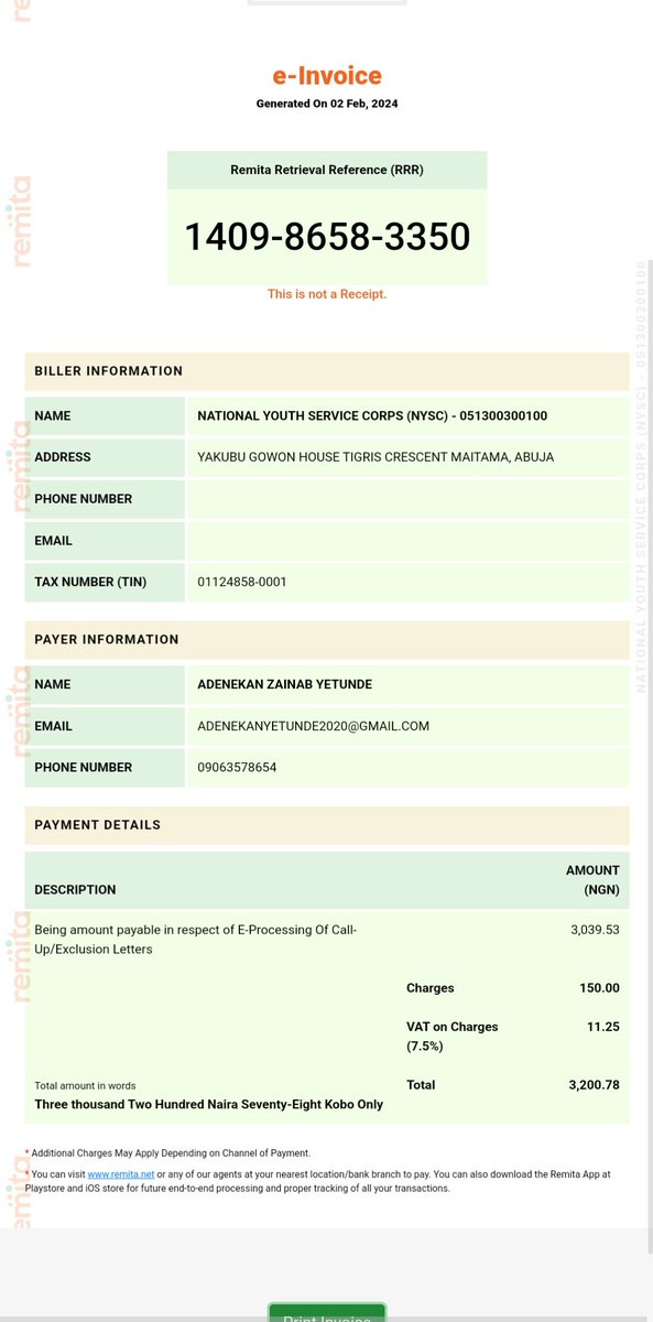 harbdalla's tweet photo. @RemitaNET 
Good evening 
I made a payment of #3200.78 on NYSC portal through remita being payment for call up letter, i was debited, but it didn't reflect on the portal.
The RRR is 140986583350.
Kindly find attached  and invoice.
Kindly work on this ASAP. https://t.co/OfncBcdLfX