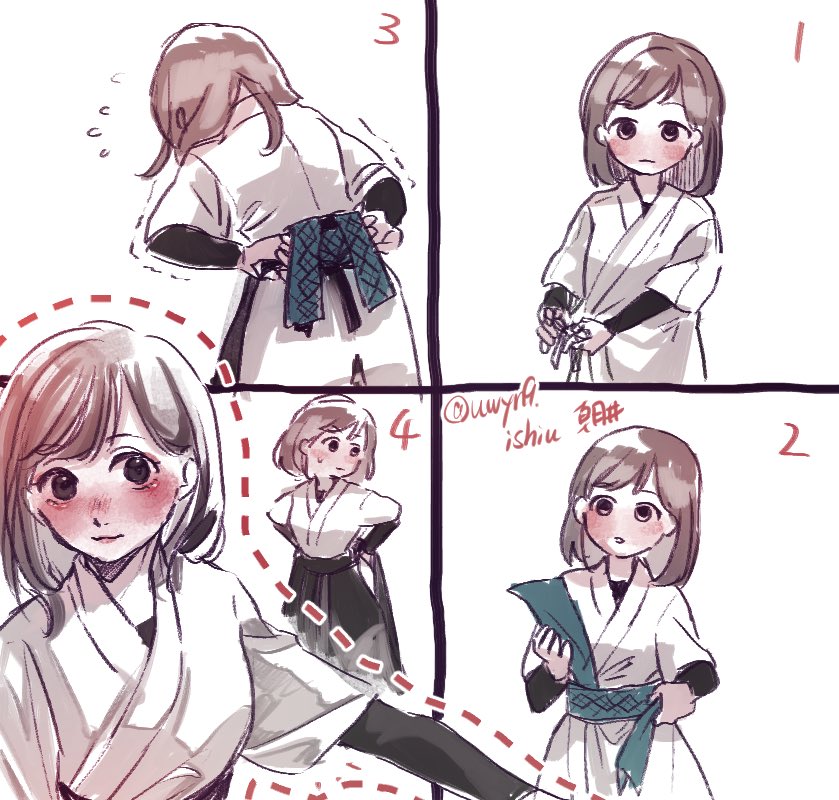 やっとマジックテープ帯を卒業したので着付け絵。着るだけで腕が限界。 #弓道 