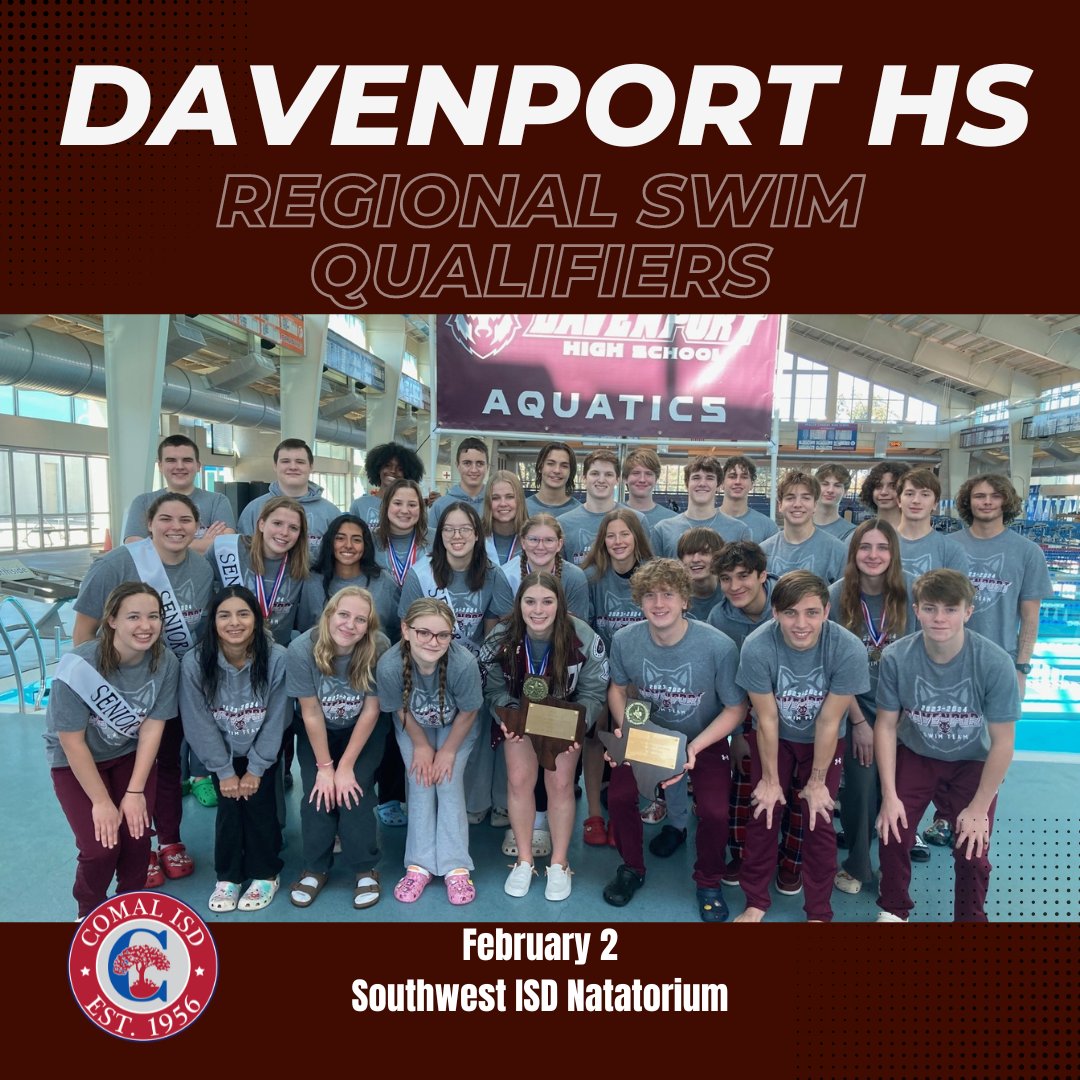 cisdnews's tweet photo. Good Luck to our 4A Swim athletes competing at Regionals today. #comalisd #teamcomal #growinggreatness #togetherwethrive #todayincomal https://t.co/z6LNyuNeyr