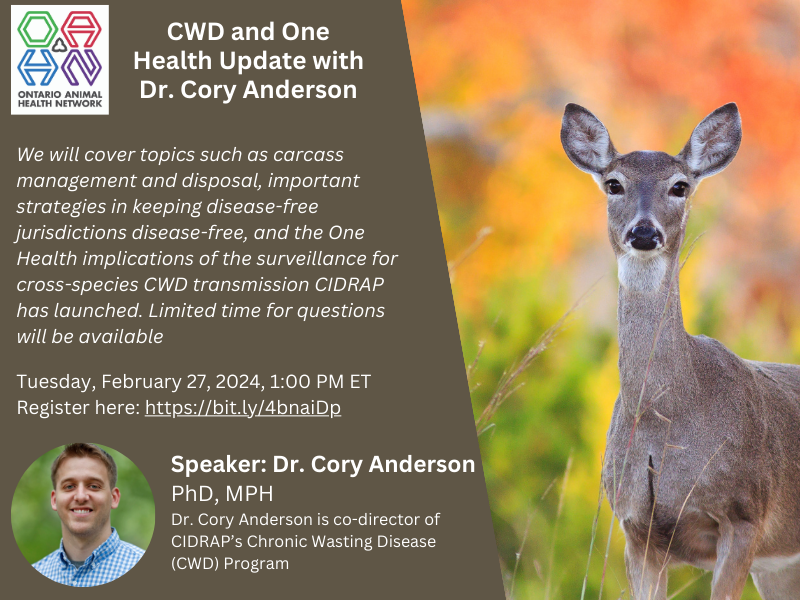 OAHN CWD and One Health Update with Dr. Cory Anderson

Tuesday, February 27, 2024 1:00PM EST

More details and registration here:
oahn.ca/news/oahn-cwd-…

#CWD #deer #OneHealth #VetMed #Wildlife #VetTwitter #ChronicWastingDisease