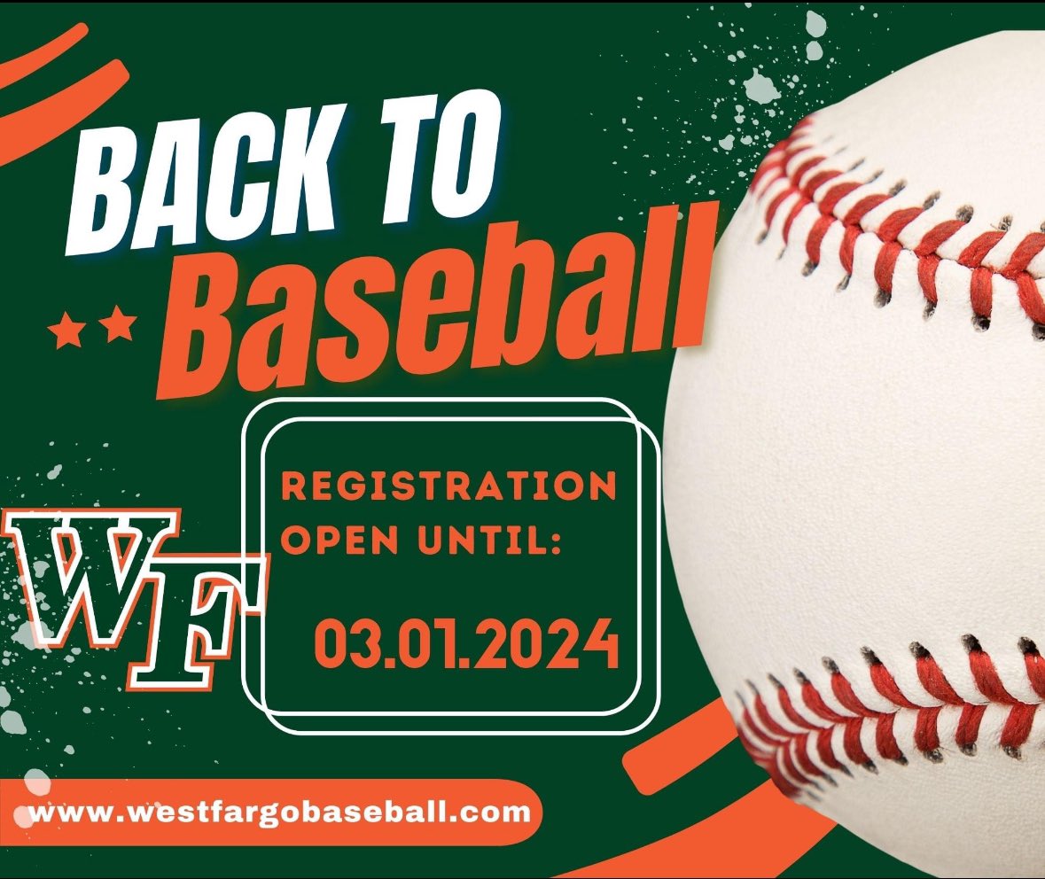 West Fargo Baseball ⚾️ (@wfargobaseball) on Twitter photo This weather has us thinking BASEBALL!
Registration for West Fargo Baseball is open. If you haven’t done so, now is a great time to get your 5u-19u registered for the upcoming season.
Youth Registration: westfargobaseball.com/Default.aspx?t…
Legion Registration: westfargobaseball.com/Default.aspx?t… This weather has us thinking BASEBALL!
Registration for West Fargo Baseball is open. If you haven’t done so, now is a great time to get your 5u-19u registered for the upcoming season.
Youth Registration: westfargobaseball.com/Default.aspx?t…
Legion Registration: westfargobaseball.com/Default.aspx?t…