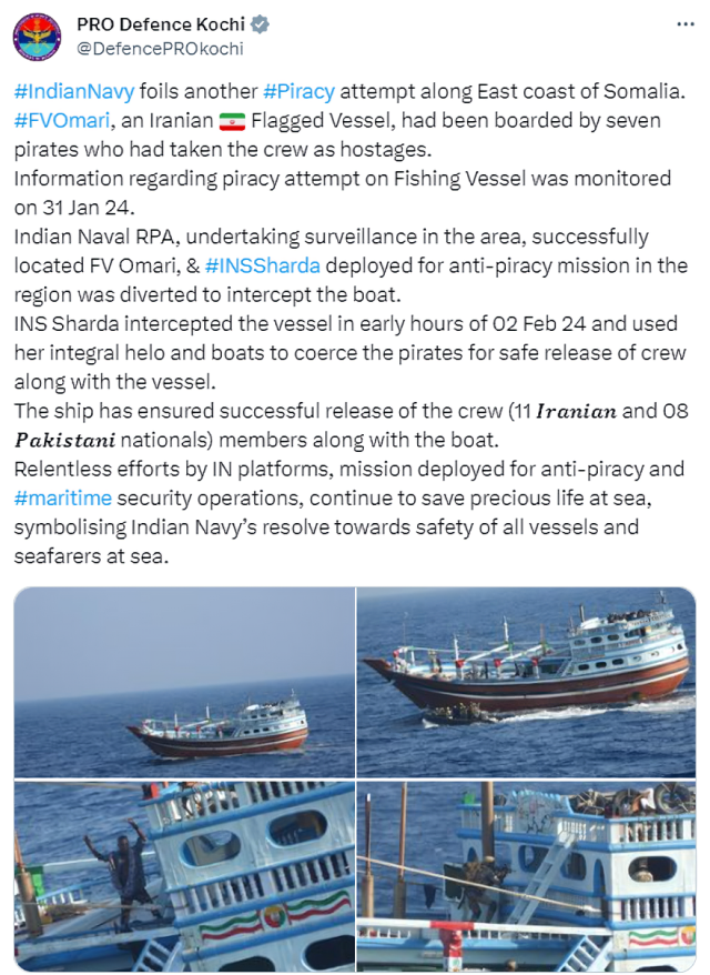 EconomicTimes's tweet photo. "#IndianNavy foils another #Piracy attempt along East coast of Somalia. #FVOmari, an Iranian 🇮🇷 Flagged Vessel, had been boarded by seven pirates who had taken the crew as hostages. Information regarding piracy attempt on Fishing Vessel was monitored on 31 Jan 24. #IndianNavalRPA, undertaking surveillance in the area, successfully located FV Omari, & #INSSharda deployed for anti-piracy mission in the region was diverted to intercept the boat. INS Sharda intercepted the vessel in early hours of 02 Feb 24 and used her integral helo and boats to coerce the pirates for safe release of crew along with the vessel. The ship has ensured successful release of the crew (11 𝑰𝒓𝒂𝒏𝒊𝒂𝒏 and 08 𝑷𝒂𝒌𝒊𝒔𝒕𝒂𝒏𝒊 nationals) members along with the boat. Relentless efforts by IN platforms, mission deployed for anti-piracy and #maritime security operations, continue to save precious life at sea, symbolising Indian Navy’s resolve towards safety of all vessels and seafarers at sea," posts
@DefencePROkochi 
🗞️ Catch the day's latest news and updates ➠ https://t.co/tZARavXDJW