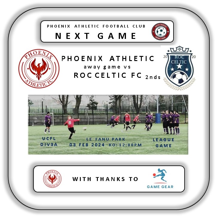 It's an #awayday to #LeFanuPark this weekend in <a href="/UCFL_/">United Churches Football League</a> Div3a where we face an impressive <a href="/RocCeltic/">ROC CELTIC</a> side who are 6 wins from 7. Should be a cracker. KO is 12pm All support welcome. With thanks to #gamegearie. #UPTHEPHOENIX.