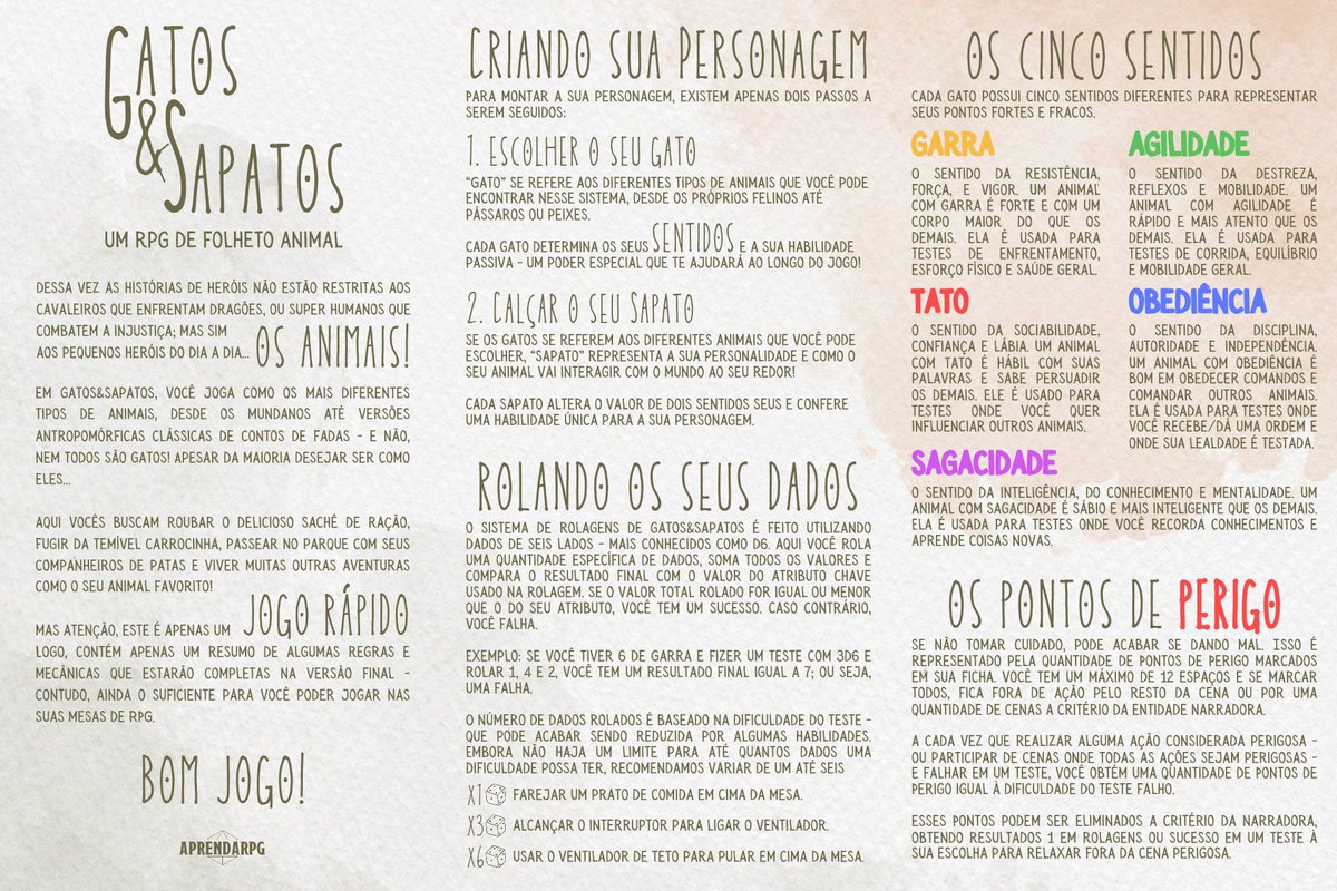 aprendarpg's tweet photo. Como prometido, aqui está o playtest de Gatos&amp;Sapatos! 🐈

O sistema de RPG perfeito pra contar histórias com animais, e melhor ainda pra quem tá começando agora 👞

Escolha seu Gato, calce seu Sapato e viva grandes aventuras com seus companheiros de patas! ✨️ https://t.co/wHNhv96qnD