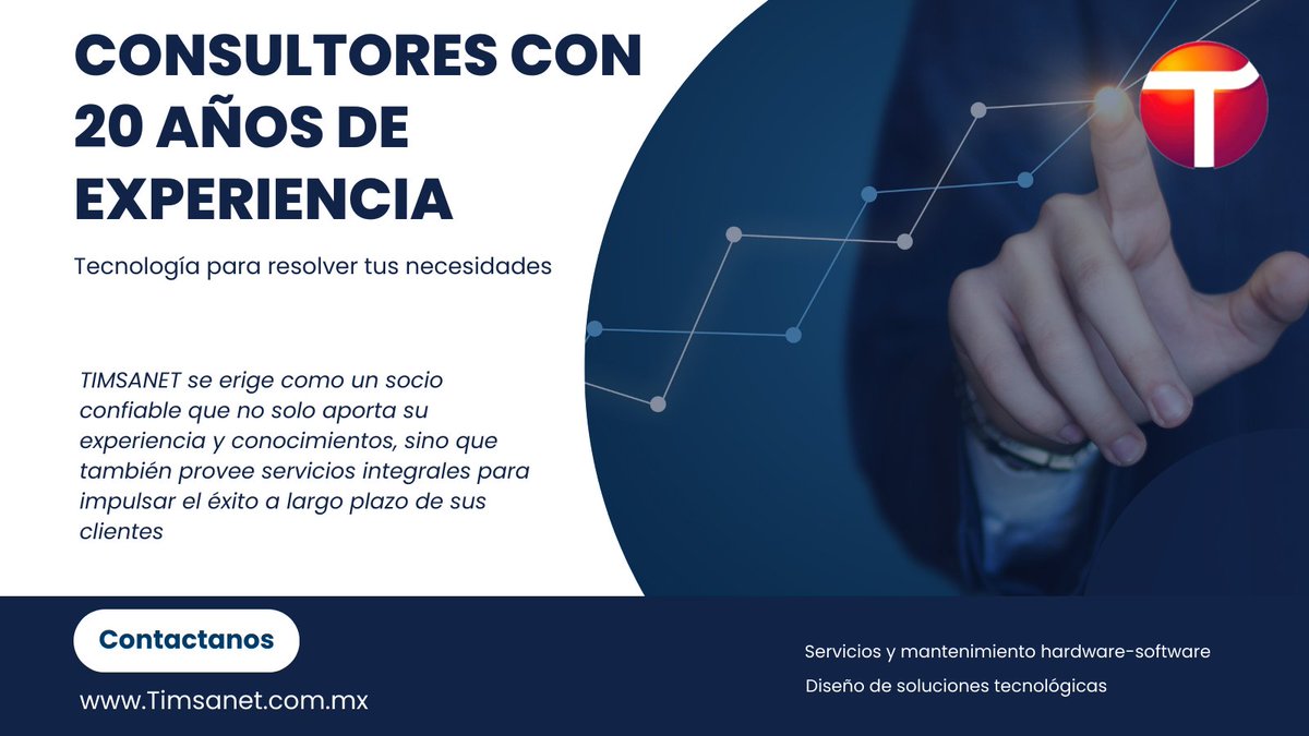 "TIMSANET: Consultores con 20 años de experiencia en diseño de soluciones tecnológicas. Integrando infraestructura y aplicaciones líderes para potenciar la eficiencia operativa y financiera. #Tecnología #SolucionesEmpresariales #timsanet