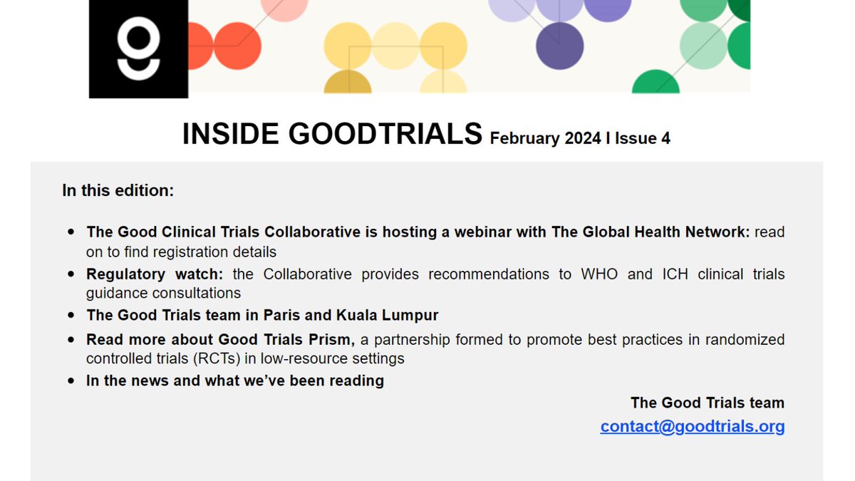 The Good Clinical Trials Collaborative (@goodtrials) on Twitter photo 📰 The Feb edition of the <a href="/goodtrials/">The Good Clinical Trials Collaborative</a> newsletter is out now! #InsideGoodTrials
Highlights: Upcoming webinar hosted with <a href="/info_TGHN/">The Global Health Network</a>, feedback on <a href="/WHO/">World Health Organization (WHO)</a> and <a href="/ICH_news/">ICH</a> clinical trials guidance consultations
Subscribe:
mailchi.mp/a41530b20058/i… 📰 The Feb edition of the <a href="/goodtrials/">The Good Clinical Trials Collaborative</a> newsletter is out now! #InsideGoodTrials
Highlights: Upcoming webinar hosted with <a href="/info_TGHN/">The Global Health Network</a>, feedback on <a href="/WHO/">World Health Organization (WHO)</a> and <a href="/ICH_news/">ICH</a> clinical trials guidance consultations
Subscribe:
mailchi.mp/a41530b20058/i…