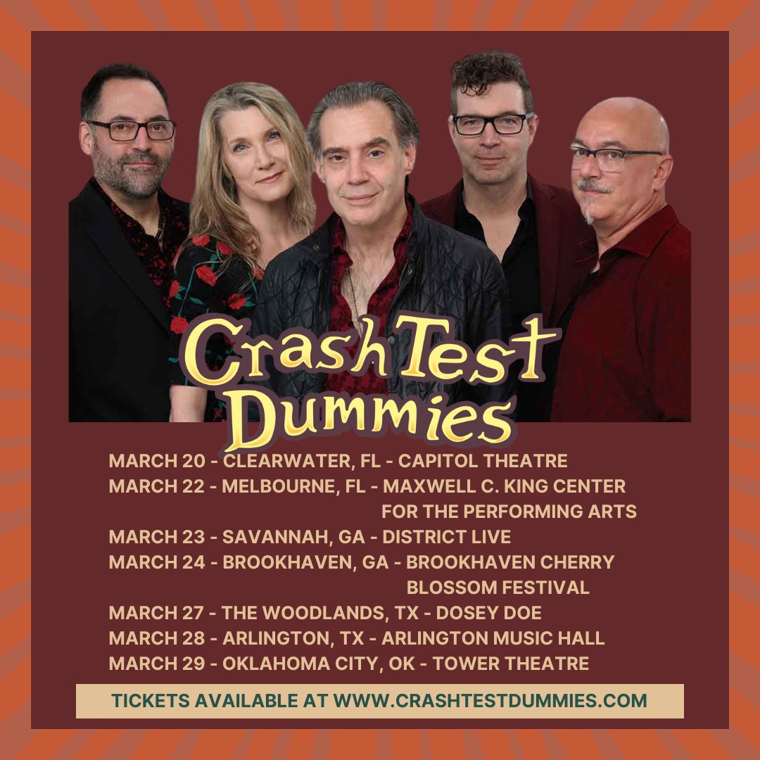 Crash Test Dummies are hitting the road in Southern United States in March! More info and tickets are available at crashtestdummies.com
