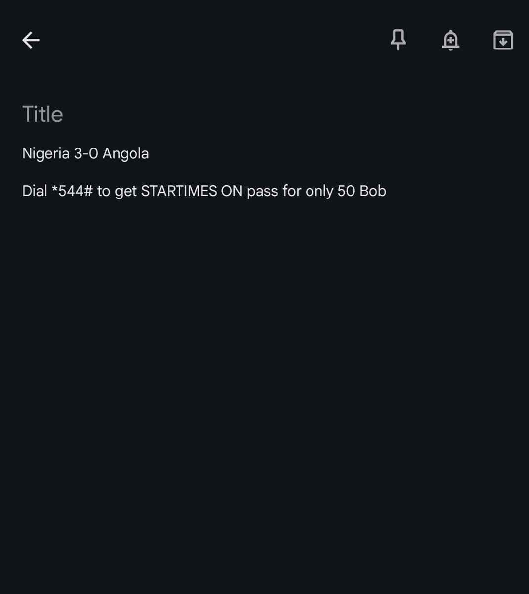 Niko na airtime ya kupeana to 1st correct answer📣

Nigeria 🇳🇬 vs Angola 🇦🇴 8:00pm

Instructions,simple. On your notepad, 
andika the CORRECT prediction na pia uandike Dial *544# to get STARTIMES ON pass for only 50 Bob!

Example kama below
#AFCON2023      
#STARTIMESON