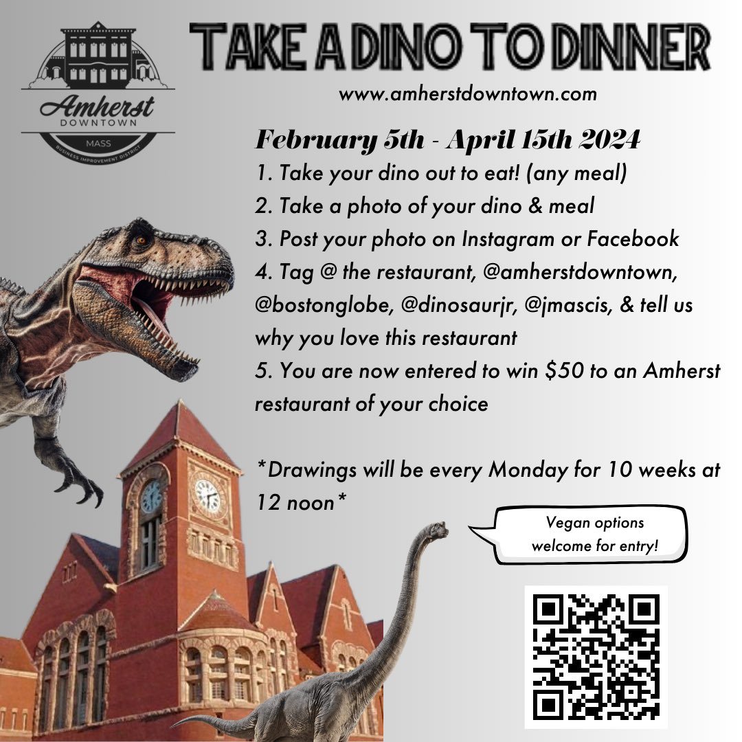 TAKE A DINO TO DINNER starts MONDAY! Breakfast lunch dinner or late night snack #proveJwrong 😍#downtownamherst