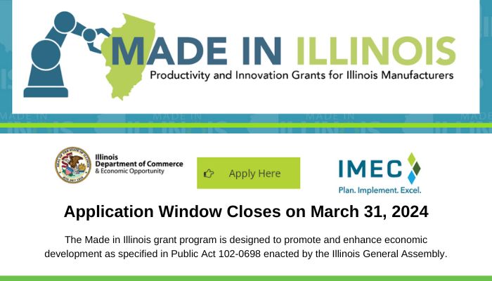 IMA_Today's tweet photo. Exciting news from our friends at @IMECillinois &amp; @IllinoisDCEO! Launched today, the new #MadeinIL grant program awards up to $50k to small- and mid-sized Illinois manufacturers to support innovation and strategic advancements in manufacturing. Learn more: https://t.co/UEnWOhpnaS https://t.co/a8sM3P418W