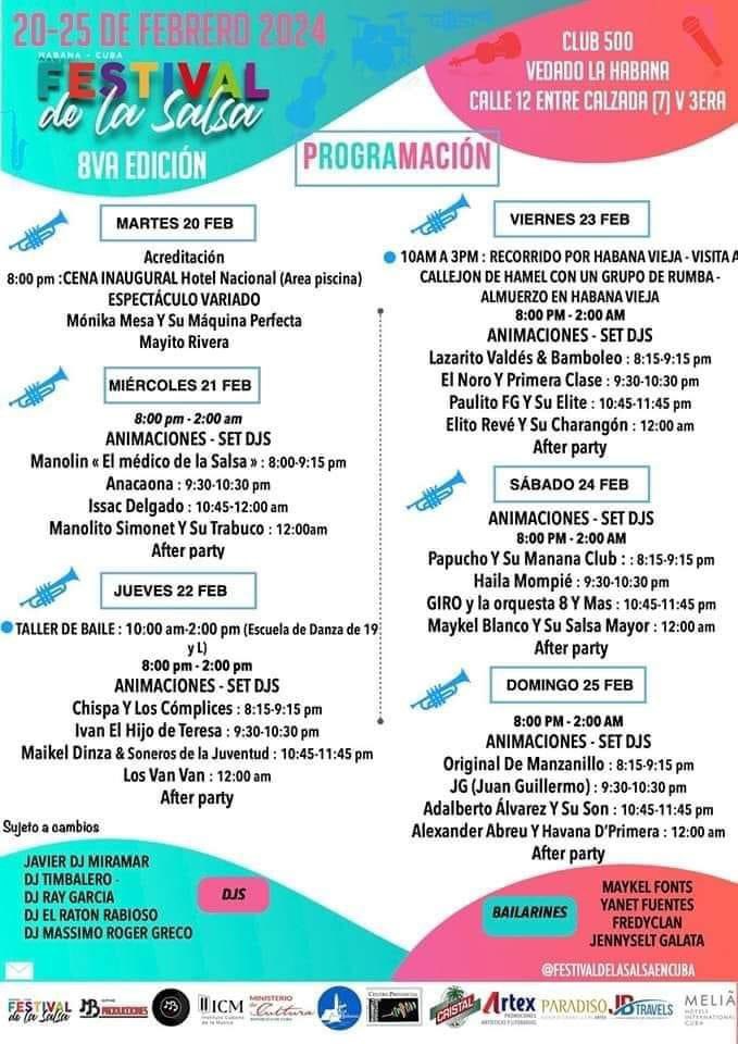 Programación del Festival de la Salsa en #Cuba 2024🥁🪘🎵

#lapapeletacuba10años #CubaEsCultura #LaPapeletaCuba #culturacubana #festivalsalsa2024