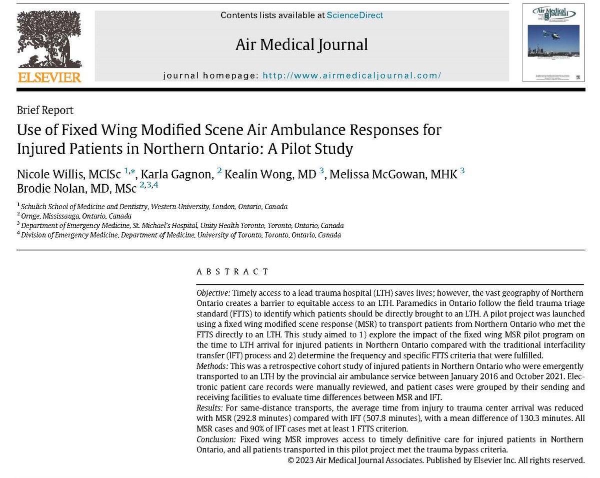 Hot off the Press by <a href="/Ornge/">Ornge</a> <a href="/brodie_nolan/">Brodie Nolan</a> 

Innovation in Motion: FFTS with Fixed Wing MSR improves timely access to definitive care for those in Northern Ontario 

Use of Fixed Wing Modified Scene Air Ambulance Responses for Injured P... sciencedirect.com/science/articl…