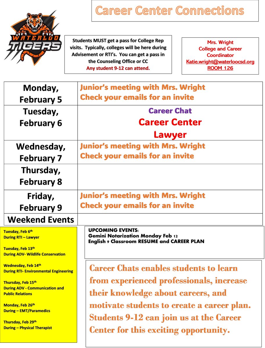 Career Chats in the Counseling Office starting next week and the Career Center Connection @WaterlooAD @MrKWaterlooHS