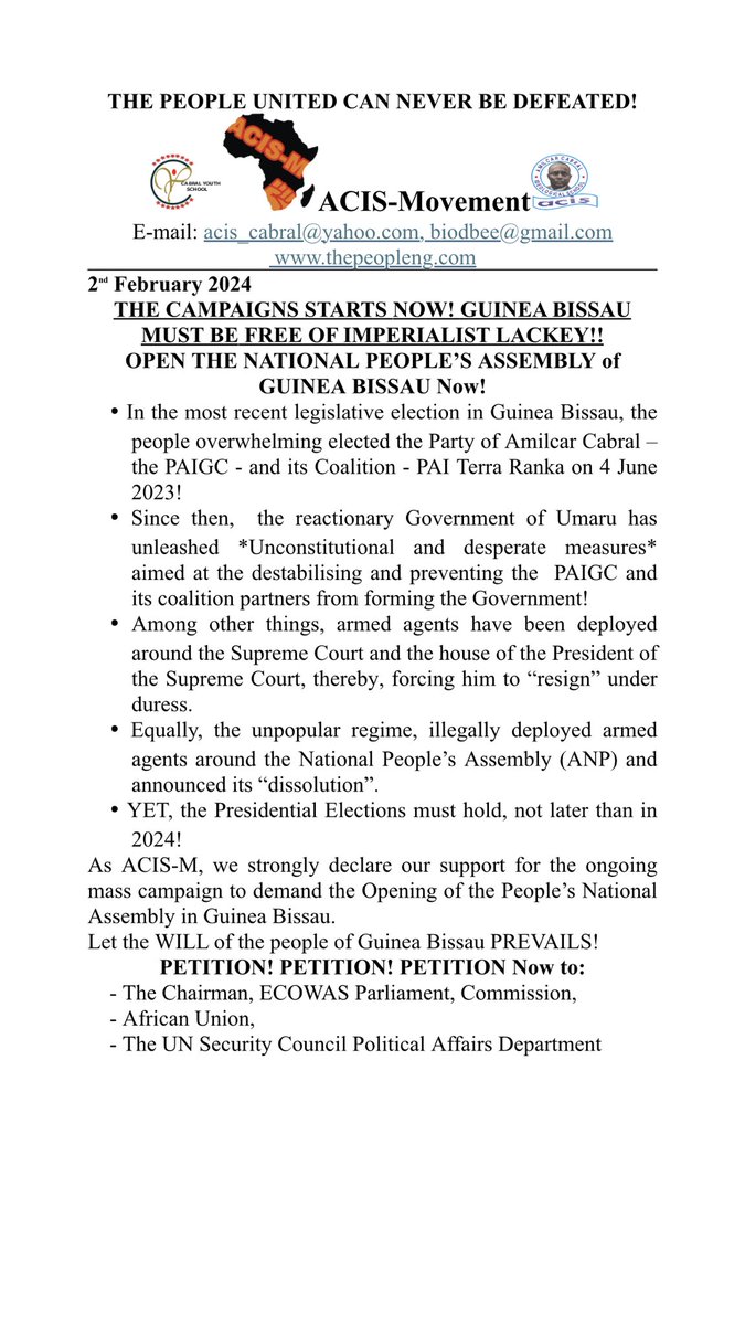 Acis_cabra's tweet photo. ACIS-M calls on the imperialist lackey to hands off Guinea Bissau and immediately open the National People’s Assembly of Guinea Bissau.

@ecowas_cedeao @Ecowas_cdc @AfricanUnion @AUC_EAD @AU_Chair @AfricaCDC_HQ https://t.co/DyKSkNqSjU