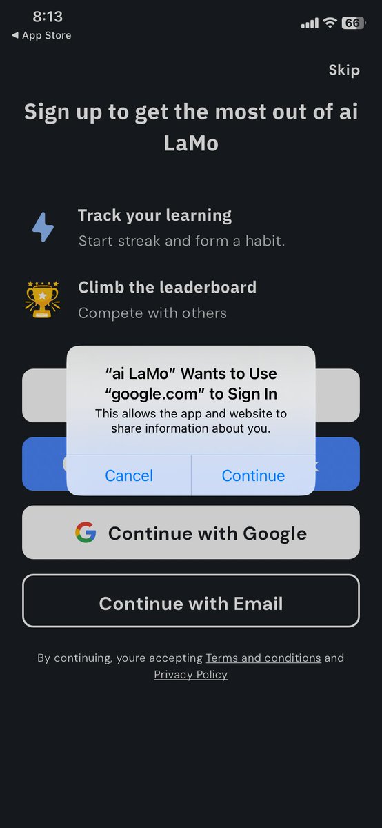 RandomiOSBugs's tweet image. .@ailamoapp .@renebystron
Crash with the ai LaMo iOS app.
randomipad.blogspot.com/2024/02/ai-lam…
Canceling out of the Google sign-in crashes the app