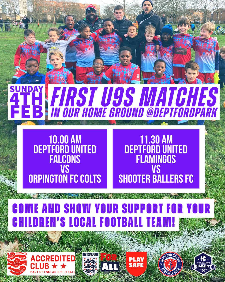#getready Bring your chairs and sandwiches! Our first U9s DeptfordUnited Falcons & Flamingos #footballmatches are happening this Sunday, 4th February, from 10 am in our loved Home Ground #deptfordpark Come and show your support for your children’s local football team! Thanks!